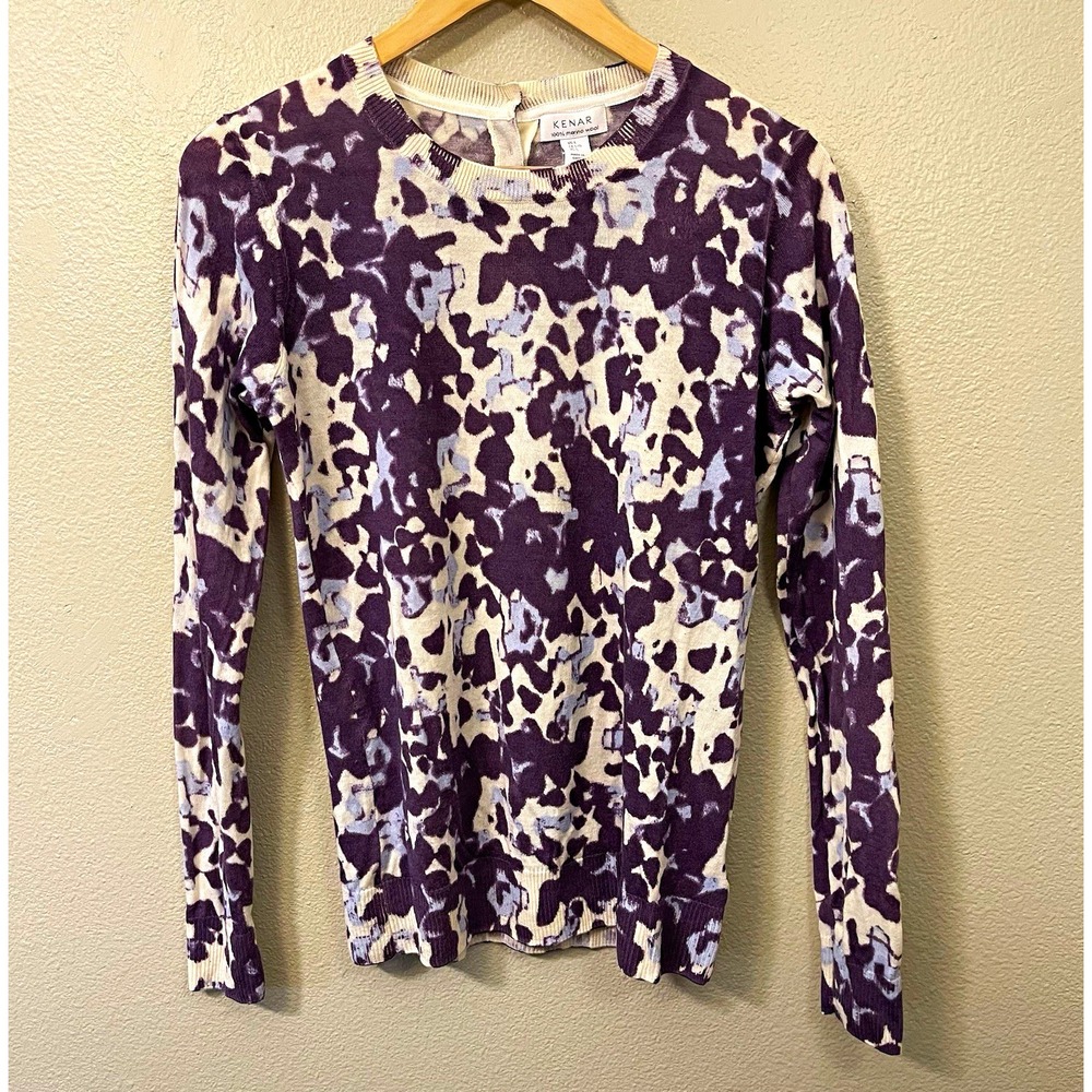 Kenar 100% Merino Wool Abstract Knit Crewneck Pullover Sweater Purple Artsy Sz L